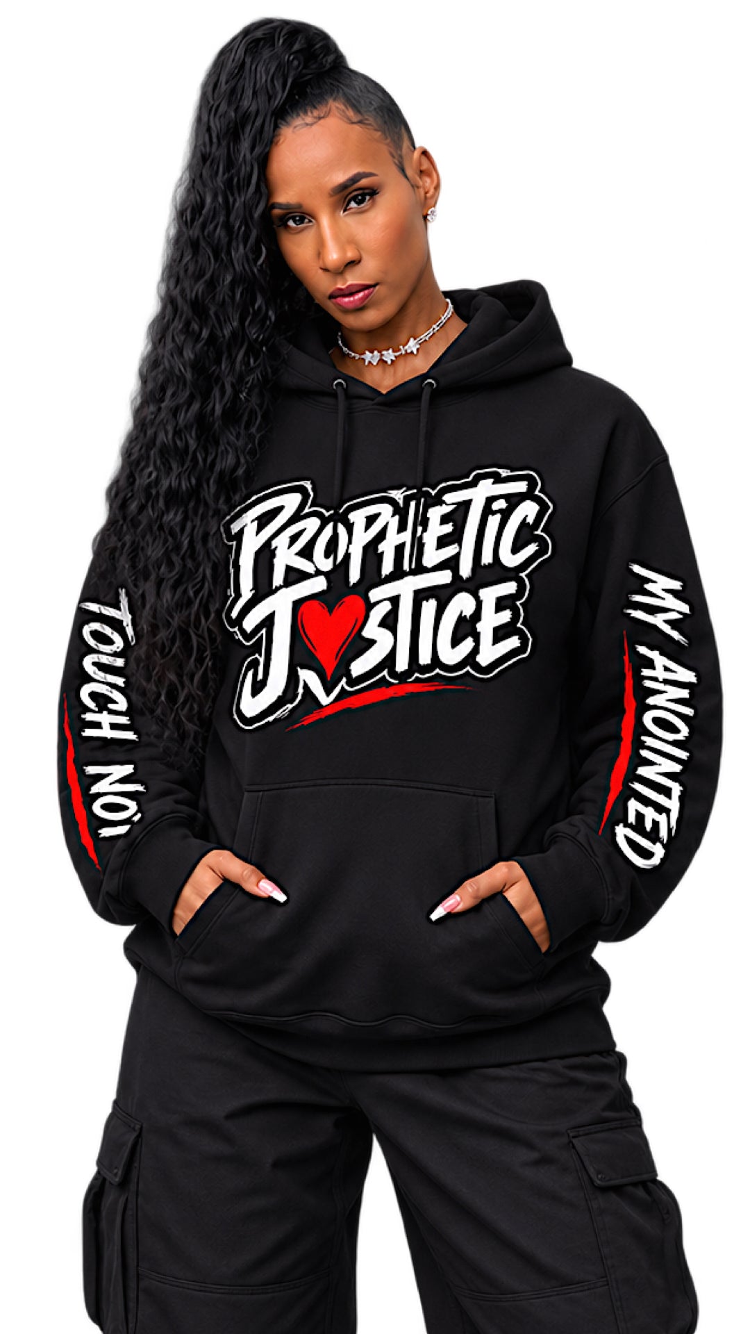 Model wearing the black Prophetic Justice Real Prophets hoodie from the front