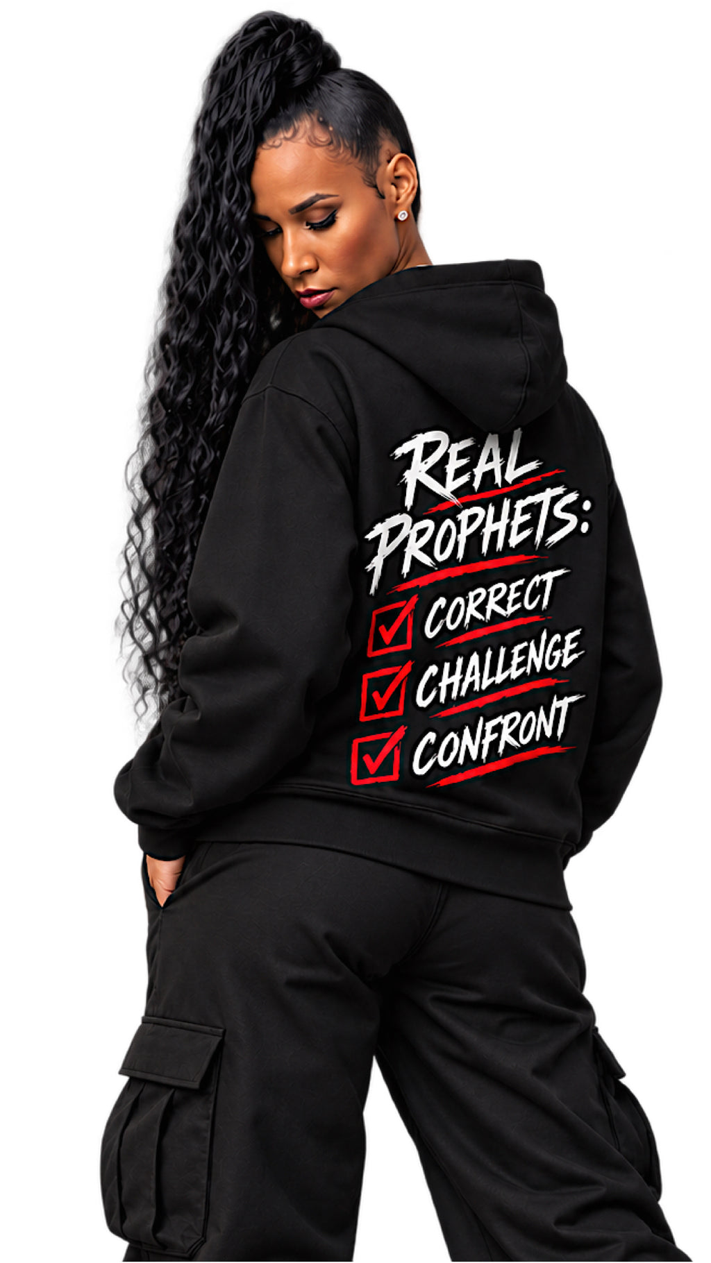 Model wearing the black Prophetic Justice Real Prophets hoodie from the back