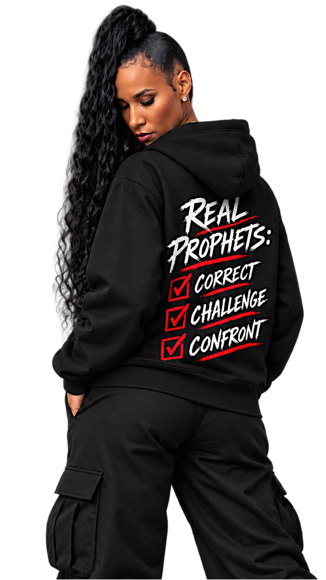 Model wearing the black Prophetic Justice Real Prophets hoodie from the back