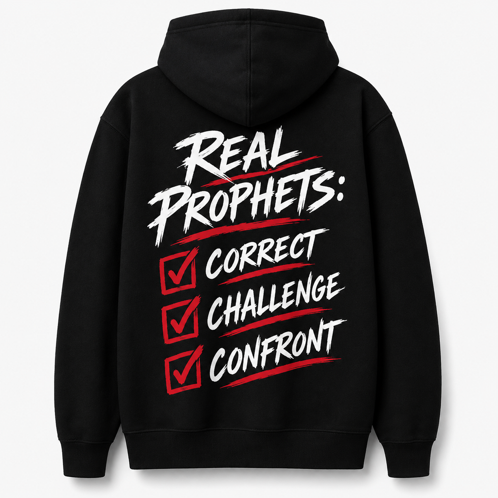 Back view of the black Prophetic Justice Real Prophets hoodie featuring Correct Challenge Confront graphics