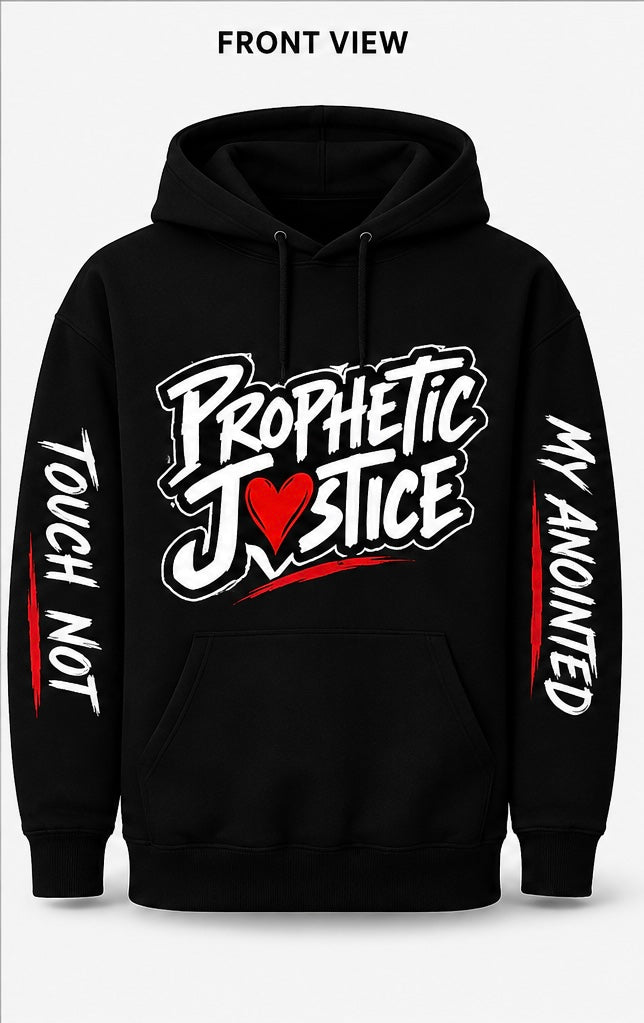 Front view of the black Prophetic Justice Real Prophets 380 GSM hoodie with red and white graphic design